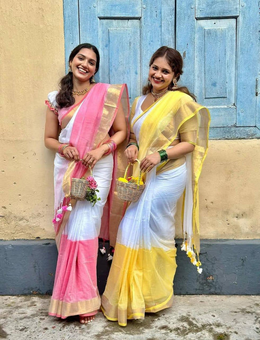 Onam SPECIAL Saree:  Fabric  -  Linen with Gold Jari 5×5 border